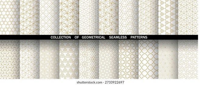 Geometric set of seamless golden and white patterns. Simple vector graphics
