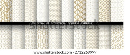 Geometric set of seamless golden and white patterns. Simple vector graphics