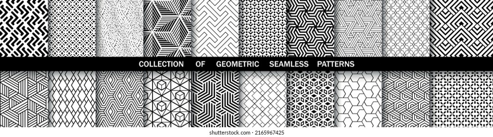 Conjunto geométrico de patrones grises y negros sin costura. Gráficos vectoriales simples