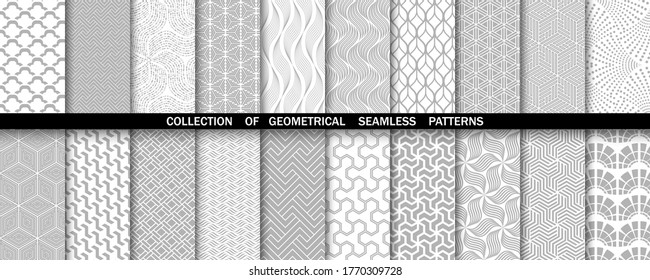 Geometric set of seamless gray and white patterns. Simple vector graphics.