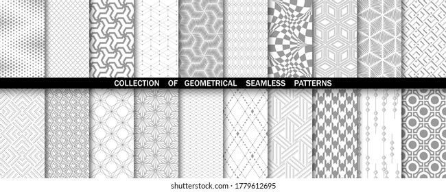 Geometric set of seamless gray and white patterns. Simple vector graphics.