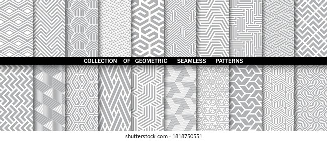 Geometric set of seamless gray and white patterns. Simple vector graphics.