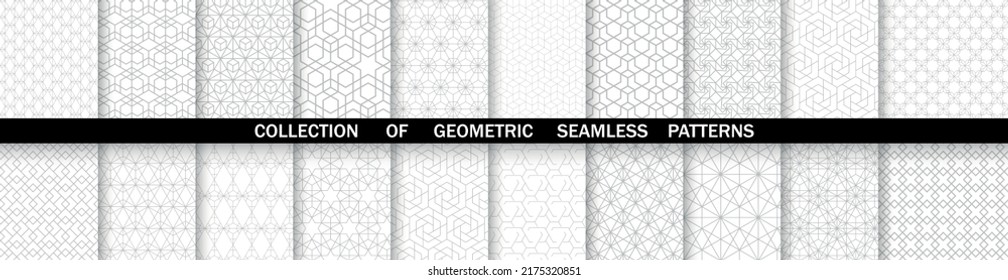 Geometrischer Satz nahtloser grauer und weißer Muster. Einfache Vektorgrafik.