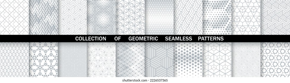 Conjunto geométrico de patrones blancos y grises sin soldadura. Gráficos vectoriales simples.