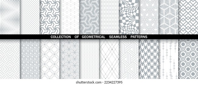 Conjunto geométrico de patrones blancos y grises sin soldadura. Gráficos vectoriales simples.