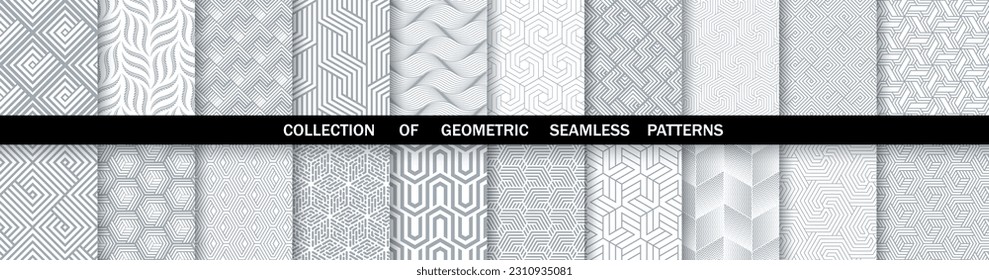 Conjunto geométrico de patrones blancos y grises sin soldadura. Gráficos vectoriales simples.