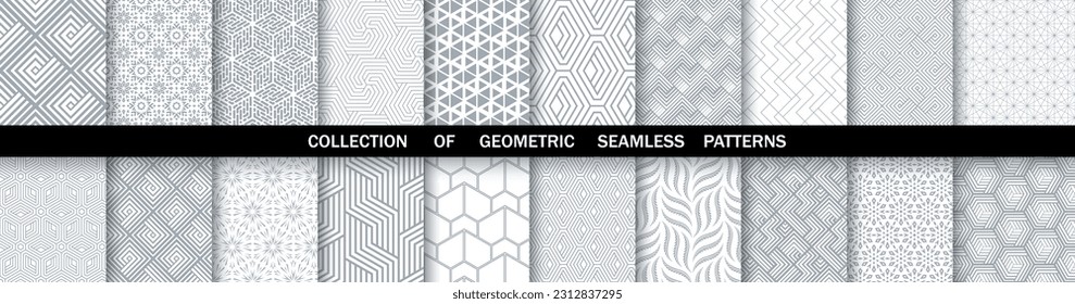 Conjunto geométrico de patrones blancos y grises sin soldadura. Gráficos vectoriales simples.