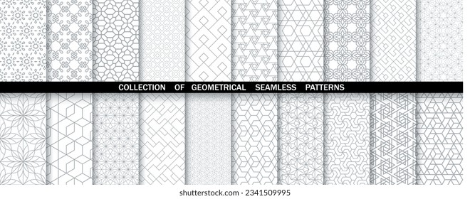 Conjunto geométrico de patrones blancos y grises sin soldadura. Gráficos vectoriales simples.