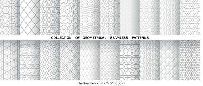 Geometrischer Satz von nahtlosen grau-weißen Mustern. Einfache Vektorgrafik