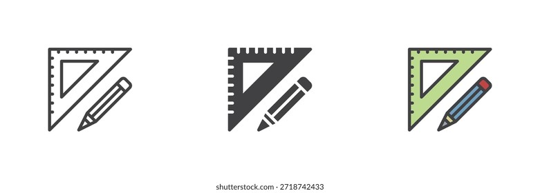 Conjunto geométrico icono de educación cuadrado conjunto en línea, sólido y lleno de estilo colorido de contorno. Herramienta de medición de matemáticas signo y Vector. Icono de Educación para lecciones de geometría y dibujo técnico.