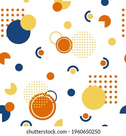 Geometric set. Vector seamless simple pattern on isolated background. Circle square shapes in blue red yellow colors. Elements for graphic decor, fabrics, packaging, and covers.