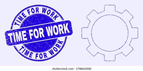 Geometric setup tools mosaic icon and Time for Work seal stamp. Blue vector round distress seal with Time for Work title. Abstract concept of setup tools made of round, tringle,