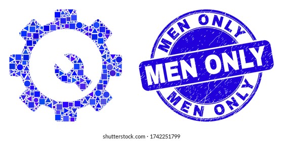 Geometrische Setup-Tools mosaic Piktogramm und Men Only Wasserzeichen. Blauer Vektor rund strukturierte Wasserzeichen mit Men Only Text. Abstraktes Mosaik von Einrichtungswerkzeugen aus runden, dreieckigen, quadratischen geometrischen Stellen.