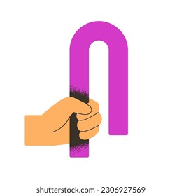 Geometric shape, abstract element in hand. Holding, showing unknown arc detail. Creative figure. Creativity, idea, game, geometry concept. Flat vector illustration isolated on white background