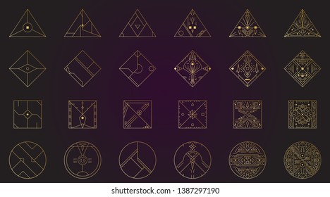 Geometric shape, abstract set of vector deco gold frames. Hipster trendy line style 1920 design. Luxury cover graphic poster brochure design. Elegant logo and icon. Mystery tribal illustration art