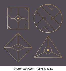 Geometric shape, abstract set of vector deco gold frames. Hipster trendy line style 1920 design. Luxury cover graphic poster brochure design. Elegant logo and icon. Mystery tribal illustration art