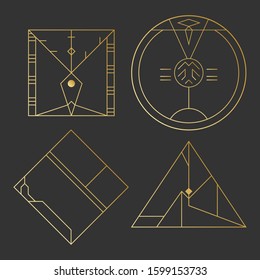 Geometric shape, abstract set of vector deco gold frames. Hipster trendy line style 1920 design. Luxury cover graphic poster brochure design. Elegant logo and icon. Mystery tribal illustration art