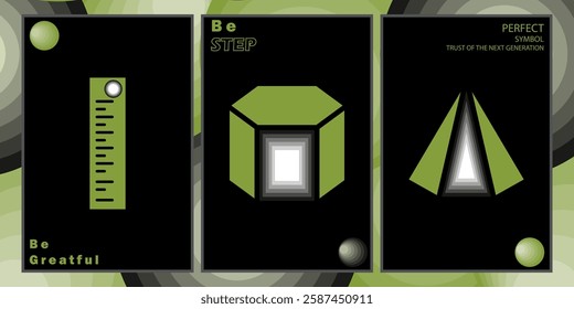 Geometric shape artwork backed by the symbol rush Series. Mainly for the poster postcards, Sci-fi retro look with the greenies color and back with the green multiple step gradient background. 
