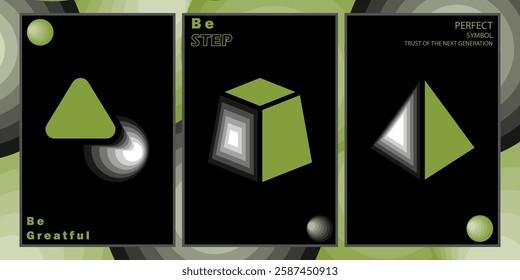 Geometric shape artwork backed by the symbol rush Series. Mainly for the poster postcards, Sci-fi retro look with the greenies color and back with the green multiple step gradient background. 