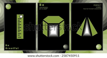 Geometric shape artwork backed by the symbol rush Series. Mainly for the poster postcards, Sci-fi retro look with the greenies color and back with the green multiple step gradient background. 