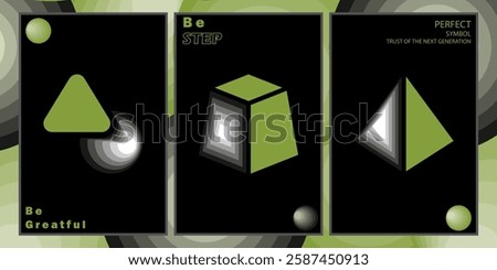 Geometric shape artwork backed by the symbol rush Series. Mainly for the poster postcards, Sci-fi retro look with the greenies color and back with the green multiple step gradient background. 