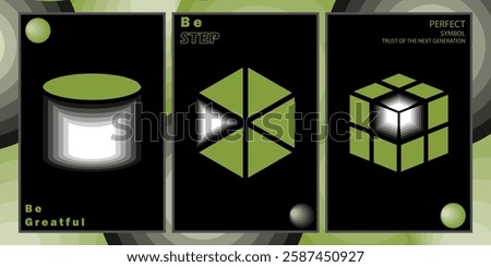 Geometric shape artwork backed by the symbol rush Series. Mainly for the poster postcards, Sci-fi retro look with the greenies color and back with the green multiple step gradient background. 