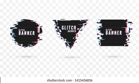 Geometric shape banner with distortion effect - Glitch. Digital technology modern poster and flyer template. Vector illustration isolated on transparent background