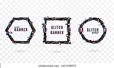 Geometric shape banner with Glitch effect. Digital technology modern poster and flyer template. Vector illustration isolated on transparent background