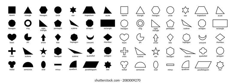 Geometric shape. Basic outline figure for education and toy of kids. Basic geometric shapes in line style such as: triangle, square, circle, trapezium, heart, rhombus, polygon and rectangle. Vector.