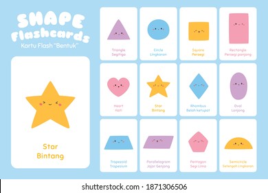 Geometric Shape Bilingual Flashcards Vector Set. Cute 2D Shape Educational Flashcards For Kids.