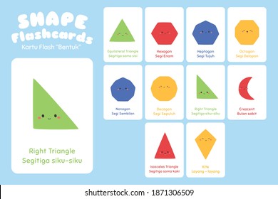 Geometric Shape Bilingual Flashcards Vector Set. Cute 2D Shape Educational Flashcards For Kids.