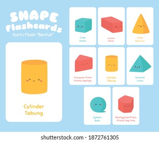 Geometric Shape Bilingual Flashcards Vector Set. Cute 3D Shape Educational Flashcards For Kids. 