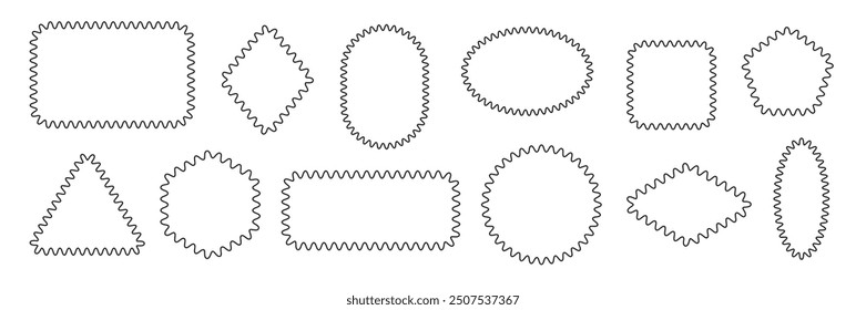 Geometric shape blank Frames set. Black and white zigzag outline frame collection. Scallop wavy Line border for Tag Label Badge Design. Rectangle Ellipse Square Circle elements. Vector illustration