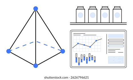 Forma geométrica com nós azuis, prateleira com quatro recipientes e dashboard de dados exibindo gráficos e gráficos. Ideal para análise de negócios, visualização de dados, gerenciamento de projetos, estudos geométricos