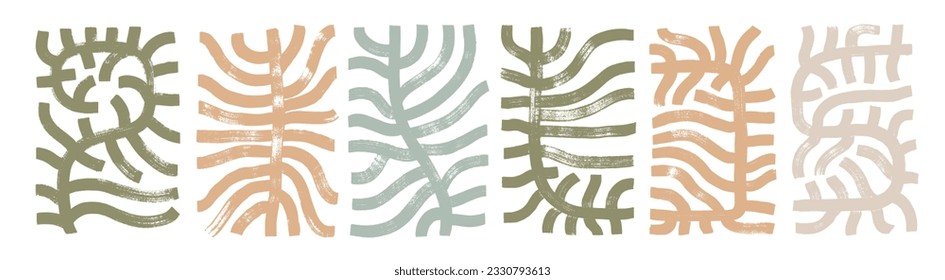 Geometric shape branches with bold brush strokes. Matisse inspired neutral colored branch with long leaves. Abstract doodle grunge naive style twig. Abstract vector plants in geometric rectangle shape