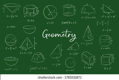 Geometric shape chalk sketches on blackboard, vector education and back to school background. Math formulas, equation, diagrams and proof, circles, squares, spheres and triangles on chalkboard