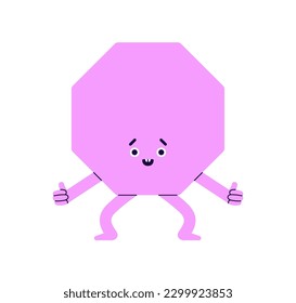 Carácter de forma geométrica con expresión de cara divertida y feliz. Cabeza de octógono con brazos y piernas. Elemento de geometría divertida sonriendo. Ilustración de vector gráfico plano chileno aislada en fondo blanco