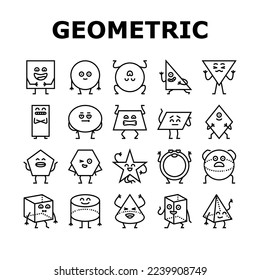 geometric shape character icons set vector. triangle circle, square abstract, cute funny rectangle, figure face, education basic geometric shape character black contour illustrations