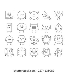 geometric shape character icons set vector. triangle circle, square abstract, cute funny rectangle, figure face, education basic geometric shape character black contour illustrations