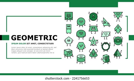 geometric shape character landing web page vector. triangle circle, square abstract, cute funny rectangle, figure face, education basic geometric shape character Illustration