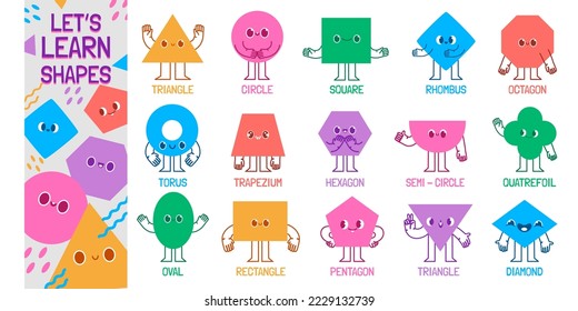 Geometric shape characters. Lets learn basic shapes, educational figure mascots for childrens vector Illustration set. Happy elements as triangle, square, circle and oval for teaching at school