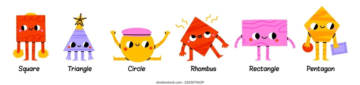 Geometric shape characters. Lets learn basic shapes, educational figure mascots for childrens vector Illustration set. Happy elements as triangle, square, circle and oval for teaching at school