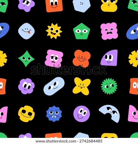 Geometric shape characters pattern. Seamless print of abstract cute blob faces smiling emojis, funny modern organic geometry messy figures with facial emotion. Vector background.