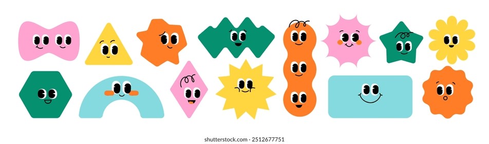Geometric shape characters set. Colorful cute figures with smiling faces. Isolated cartoon vector illustration