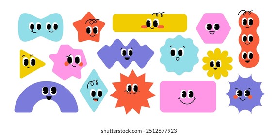 Conjunto de caracteres de forma geométrica. Figuras bonitas coloridas com rostos sorridentes. Ilustração isolada de vetor de desenho animado