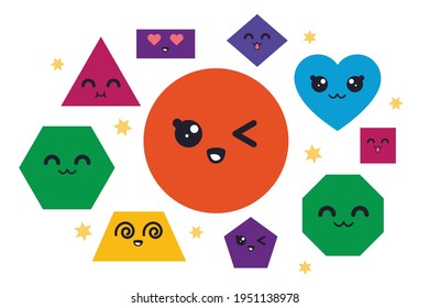 Geometric shape characters. Geometric simple objects with funny kawaii faces for kids education, circle, square and triangle, heart vector set. Math figures for primary children learning