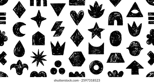 Geometric shape crayon pattern. Brush figure seamless background. Abstract black memphis shape vector. Paint of organic figures, shapes, strokes. Simple bold black white bg. Charcoal geometric pattern