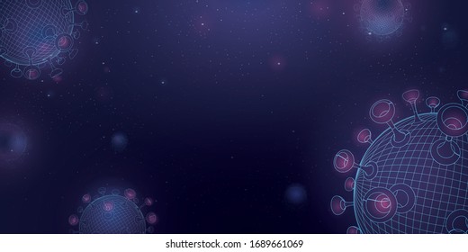 Geometric Shape of Deadly Corona Virus Flying in the Dark, Blue coronavirus with purple pulse Background Concept