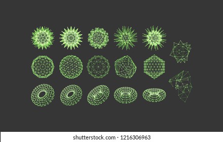 Geometric shape for design. The torus consisting of points. The sphere consisting of Points. Molecular grid. 3D technology style. Vector illustration.