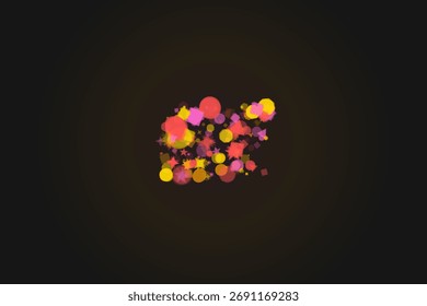 Pantalla de forma geométrica con círculos, estrellas, hexágonos, cuadrados y triángulos sobre un fondo negro. Las Formas varían en tamaño y color con transparencia.